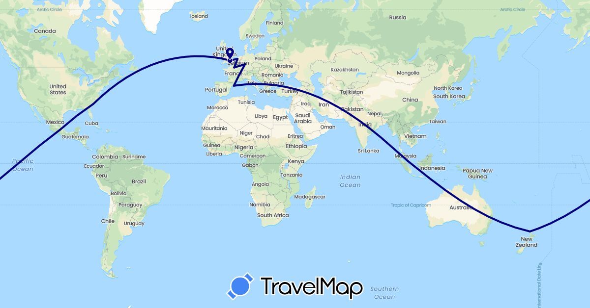 TravelMap itinerary: driving in Germany, Spain, France, United Kingdom, Mexico, Netherlands, New Zealand, Singapore, United States (Asia, Europe, North America, Oceania)